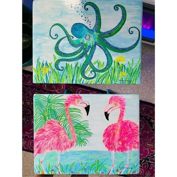 Flamingo Tray Table Hand Painted Coastal Original Vintage Rare Wood L19” W14” H2 - Picture 14 of 16